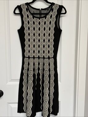 Pink Tartan Black and Cream Geometric knit Fit-and-Flare Midi Dress